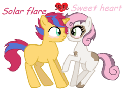 Size: 465x328 | Tagged: safe, artist:superrosey16, oc, oc only, oc:solar flare, oc:sweet heart, earth pony, pony, unicorn, female, male, next generation, oc x oc, offspring, offspring shipping, parent:flash sentry, parent:sunset shimmer, parents:flashimmer, parents:sweetiesqueak, shipping, straight