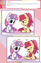 Size: 1100x1666 | Tagged: safe, artist:bobdude0, apple bloom, sweetie belle, earth pony, pony, g4, adorabloom, ask, blushing, cute, diasweetes, no, tumblr