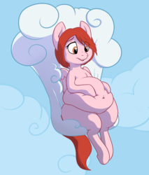 Size: 851x1000 | Tagged: safe, artist:lowkey, oc, oc only, oc:weathervane, pegasus, pony, belly, belly button, cloud, fat