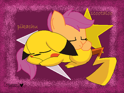 Size: 542x410 | Tagged: safe, artist:lopez765, scootaloo, pikachu, g4, crossover, pikaloo, pokémon, scootachu, sleeping