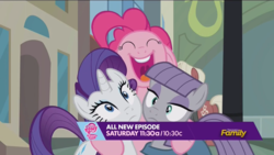 Size: 1280x720 | Tagged: safe, screencap, maud pie, pinkie pie, rarity, g4, the gift of the maud pie, discovery family logo, hug