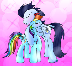 Size: 1024x951 | Tagged: dead source, safe, artist:northlights8, rainbow dash, soarin', pony, g4, blushing, female, hug, male, ship:soarindash, shipping, straight