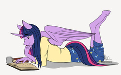 Size: 1280x788 | Tagged: safe, artist:fairdahlia, twilight sparkle, anthro, unguligrade anthro, g4, book, female, lying down, prone, reading, simple background, solo, twilight sparkle (alicorn), white background