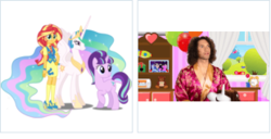 Size: 310x159 | Tagged: safe, princess celestia, starlight glimmer, sunset shimmer, derpibooru, g4, danny sexbang, juxtaposition, meta