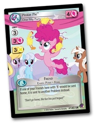 Size: 540x700 | Tagged: safe, enterplay, cloud kicker, linky, pinkie pie, shoeshine, silver spanner, g4, marks in time, my little pony collectible card game, ccg, filly pinkie pie, juggling, merchandise, rubber chicken
