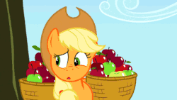 Size: 422x238 | Tagged: safe, edit, edited screencap, screencap, applejack, twilight sparkle, applebuck season, g4, animated, concerned, derp, dialogue, faint, female, lecture, nose wrinkle, on back, passed out, passing out, sweet apple acres, talking, tired, tongue out