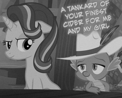 Size: 600x483 | Tagged: safe, edit, edited screencap, screencap, spike, starlight glimmer, g4, the crystalling, alcohol, bedroom eyes, black and white, cider, female, flirting, food, grayscale, hat, male, noir, pimp, pimp hat, ship:sparlight, shipping, straight