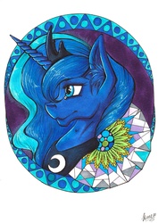 Size: 1525x2160 | Tagged: safe, artist:stirren, princess luna, g4, bust, female, for sale, geometry, goddess, portrait, solo, traditional art