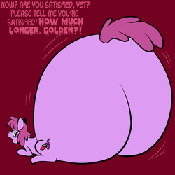 Size: 2400x2400 | Tagged: safe, artist:goldenmercurydragon, artist:pembroke, berry punch, berryshine, earth pony, pony, g4, berry punch replies, butt, butt expansion, crying, fat, female, growth, high res, huge butt, impossibly large butt, large butt, looking back, open mouth, plot, prone, solo, the ass was fat