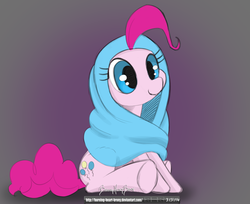 Size: 1200x978 | Tagged: safe, artist:burning-heart-brony, pinkie pie, earth pony, pony, g4, blanket, cute, diapinkes, female, hnnng, mare, sitting, smiling, solo