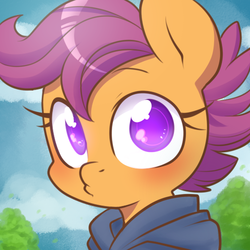Size: 500x500 | Tagged: safe, artist:lolopan, scootaloo, pegasus, pony, g4, bust, clothes, colored pupils, cute, cutealoo, female, filly, hoodie, looking at you, no pupils, portrait, sky, solo, tree