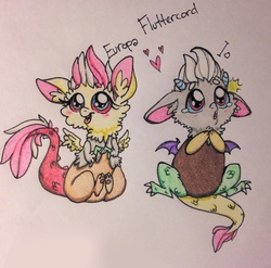 Size: 2258x2233 | Tagged: safe, artist:ameliacostanza, oc, oc only, oc:europa (draconequus), oc:io, hybrid, cute, duo, high res, interspecies offspring, offspring, parent:discord, parent:fluttershy, parents:discoshy, traditional art