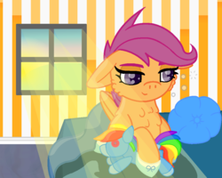 Size: 1000x800 | Tagged: safe, artist:ahaintthatbad, rainbow dash, scootaloo, g4, bed, female, floppy ears, plushie, solo