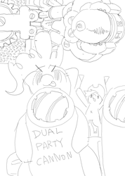 Size: 615x866 | Tagged: safe, artist:archeryves, applejack, pinkie pie, g4, dual party cannon, monochrome, party cannon