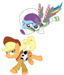 Size: 1600x1875 | Tagged: safe, artist:lostinthetrees, applejack, rainbow dash, g4, buzz lightyear, clothes, cosplay, costume, crossover, disney, male, toy story, woody