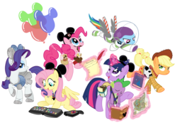 Size: 1600x1104 | Tagged: safe, artist:lostinthetrees, applejack, fluttershy, pinkie pie, rainbow dash, rarity, spike, twilight sparkle, alicorn, pony, g4, balloon, disney, female, hat, mane seven, mane six, mare, mickey balloon, mickey hat, twilight sparkle (alicorn)