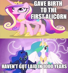 Size: 500x539 | Tagged: safe, artist:madaraluv2, princess cadance, princess celestia, princess luna, g4, the crystalling, image macro, meme