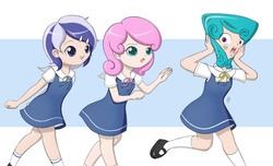 Size: 1400x850 | Tagged: safe, artist:jdan-s, lemon hearts, minuette, twinkleshine, human, amending fences, g4, braces, clothes, flask, flaskhead hearts, humanized, scene interpretation, school uniform, younger