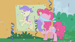 Size: 1280x720 | Tagged: safe, screencap, pinkie pie, earth pony, pony, g4, season 1, the ticket master, blindfold, female, mare, mouth hold, pin the tail on the pony, solo
