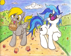 Size: 2164x1700 | Tagged: safe, artist:artponymdp, derpy hooves, dj pon-3, vinyl scratch, pegasus, pony, g4, female, food, mare, muffin, traditional art