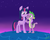 Size: 1024x819 | Tagged: safe, artist:flourret, spike, twilight sparkle, dragon, pony, unicorn, g4, crying, evening, female, grass, hill, lidded eyes, looking at each other, male, mare, one eye closed, outdoors, signature, sky, smiling, stars, twilight (astronomy)