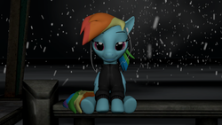 Size: 1920x1080 | Tagged: safe, artist:autoaudi, rainbow dash, g4, 3d, clothes, earbuds, female, jacket, shelter, sitting, snow, snowfall, solo, source filmmaker