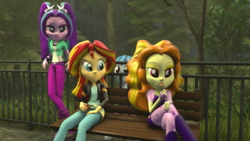 Size: 1920x1080 | Tagged: safe, artist:jarg1994, adagio dazzle, aria blaze, sonata dusk, sunset shimmer, equestria girls, g4, 3d, awkward moment, bench, hiding, park, random encounter, sitting, source filmmaker, the dazzlings