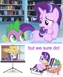 Size: 1500x1818 | Tagged: safe, artist:masem, artist:xebck, edit, screencap, rarity, spike, starlight glimmer, g4, simple ways, the crystalling, chair, cowgirl outfit, drink, female, food, glass, jealous, library, love triangle, male, mud, popcorn, projector, puffy cheeks, sad, ship:sparlight, shipping, straight, straw, sunglasses