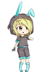 Size: 853x1435 | Tagged: safe, artist:haruliina, derpy hooves, human, g4, boots, bunny ears, chibi, clothes, costume, cute, dangerous mission outfit, female, goggles, hoodie, humanized, shoes, shorts, simple background, solo, transparent background