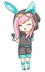 Size: 570x900 | Tagged: safe, artist:haruliina, fluttershy, human, g4, boots, bunny ears, chibi, clothes, costume, cute, dangerous mission outfit, eyes closed, female, fingerless gloves, gloves, goggles, hoodie, humanized, open mouth, shoes, shorts, simple background, solo, transparent background