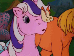 Size: 474x360 | Tagged: safe, screencap, twilight, butterfly, pony, unicorn, g1, rescue at midnight castle, animated, female, insect on nose, looking at something, solo focus