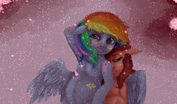 Size: 1511x888 | Tagged: safe, artist:colorlesscupcake, pinkie pie, rainbow dash, pony, g4, armpits, duo