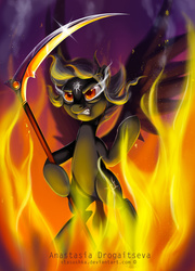 Size: 900x1251 | Tagged: safe, artist:stasushka, oc, oc only, fire, scythe, solo