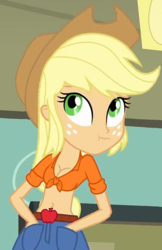 Size: 368x568 | Tagged: safe, edit, edited screencap, editor:ah96, screencap, applejack, equestria girls, g4, :t, belly button, breast edit, breasts, busty applejack, cleavage, cropped, female, front knot midriff, midriff, solo