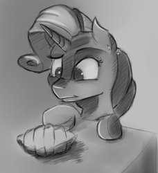 Size: 632x694 | Tagged: safe, artist:post-it, rarity, g4, bread, colored sketch, confused, croissant, female, food, monochrome, rarity looking at food, sketch, solo