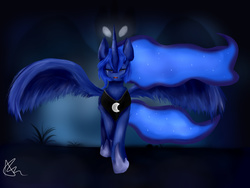 Size: 1600x1200 | Tagged: safe, artist:bunnzee, nightmare moon, princess luna, crying, duality, eyes closed, female, solo, spread wings
