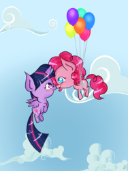 Size: 2448x3264 | Tagged: safe, artist:cofee-love, pinkie pie, twilight sparkle, alicorn, pony, g4, balloon, blushing, boop, chibi, cloud, female, flying, high res, mare, noseboop, then watch her balloons lift her up to the sky, twilight sparkle (alicorn)