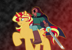 Size: 1426x1000 | Tagged: safe, artist:combatkaiser, sunset shimmer, human, pony, unicorn, equestria girls, g4, cape, clothes, connie maheswaran, crossover, duo, duo female, eyepatch, female, horsebackriding, mare, steven universe, sword, weapon