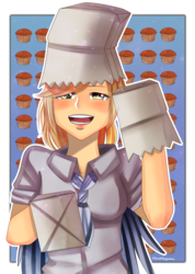 Size: 821x1153 | Tagged: safe, artist:hirohayami, derpy hooves, human, female, food, humanized, muffin, paper bag, paper bag wizard, solo, winged humanization