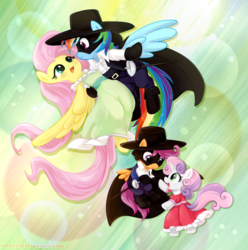 Size: 1280x1290 | Tagged: safe, artist:0biter, fluttershy, rainbow dash, scootaloo, sweetie belle, g4, clothes, dress, female, lesbian, mask, ship:flutterdash, ship:scootabelle, shipping, sword, weapon, zorro