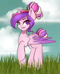 Size: 1069x1303 | Tagged: safe, artist:gelay-gulay, princess cadance, alicorn, pony, g4, alternate hairstyle, ambiguous facial structure, female, gradient mane, grass, grin, hair bun, mare, partially open wings, raised hoof, solo, style emulation, tail, tail bun, wings