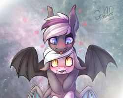 Size: 1000x800 | Tagged: safe, artist:fenwaru, oc, oc only, bat pony, pony, blushing, fangs, female, heart, hug, hug from behind, male, mare, spread wings, stallion, tongue out