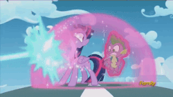 Size: 480x270 | Tagged: safe, edit, edited screencap, screencap, spike, twilight sparkle, alicorn, pony, g4, the cutie re-mark, animated, discovery family logo, female, force field, gritted teeth, implied starlight glimmer, laser, loop, magic blast, mare, reversed, shield, twilight sparkle (alicorn)