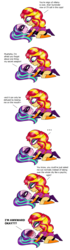 Size: 1256x4512 | Tagged: safe, artist:purfectprincessgirl, aria blaze, sunset shimmer, equestria girls, g4, clothes, comic, costume, female, lesbian, mask, on back, pinned, pinned down, shipping, sunblaze