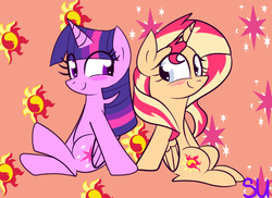 Size: 550x400 | Tagged: dead source, safe, artist:sapphireuniverse, sunset shimmer, twilight sparkle, alicorn, pony, g4, alicornified, blushing, counterparts, duo, female, lesbian, race swap, shimmercorn, ship:sunsetsparkle, shipping, sitting, twilight sparkle (alicorn), twilight's counterparts