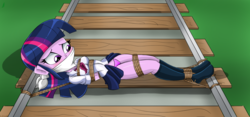 Size: 1584x744 | Tagged: safe, artist:gaggeddude32, twilight sparkle, alicorn, equestria girls, g4, blushing, bondage, box tied, breasts, cloth gag, clothes, damsel in distress, embarrassed, embarrassed underwear exposure, female, gag, imminent death, missing shoes, oh no, panties, panty shot, peril, pink underwear, pleated skirt, ropes, school uniform, skirt, skirt lift, socks, this will end in tears and/or death, tied to tracks, tied up, train tracks, twilight sparkle (alicorn), underwear, upskirt