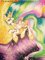 Size: 1720x2273 | Tagged: safe, artist:flamepone, princess celestia, alicorn, pony, g4, female, mare, sad, solo, traditional art