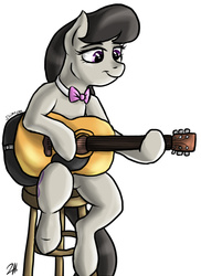 Size: 510x700 | Tagged: safe, artist:shimazun, octavia melody, g4, bowtie, female, guitar, musical instrument, solo, stool