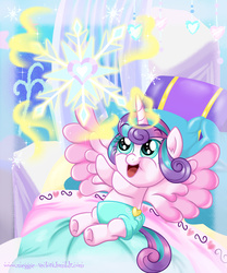 Size: 5000x6000 | Tagged: safe, artist:meganlovesangrybirds, princess flurry heart, alicorn, pony, g4, the crystalling, absurd resolution, adorable face, baby, baby blanket, baby flurry heart, baby pony, blanket, cloth diaper, crib, crib blanket, crystal heart, cute, cute baby, daaaaaaaaaaaw, diaper, diapered, diapered filly, embroidered blanket, embroidery, female, filly, flurrybetes, happy, happy baby, infant, infant flurry heart, light pink cloth diaper, light pink diaper, looking at something, magic, newborn, newborn baby flurry heart, newborn flurry heart, newborn infant flurry heart, open mouth, pillow, reaching up, safety pin, scene interpretation, signature, snow, snowflake, solo, telekinesis, weapons-grade cute