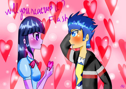 Size: 1024x724 | Tagged: safe, artist:bearbigbutt7103, flash sentry, twilight sparkle, equestria girls, g4, blushing, female, humanized, male, ship:flashlight, shipping, shoujo bubbles, straight, valentine, valentine's day